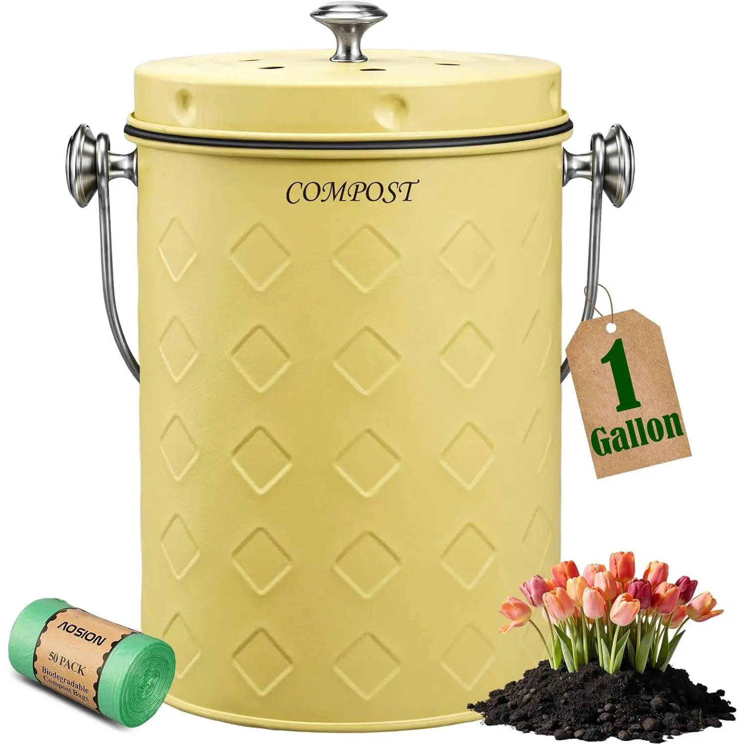 AOSION Countertop Compost Bin Kitchen,Odorless Indoor Compost Bin with Lid,Farmhouse Composter Container for Food Waste,Includes 2 Carbon Filters, Small Compost Bucket,Trash Bags (Modern, Yellow)