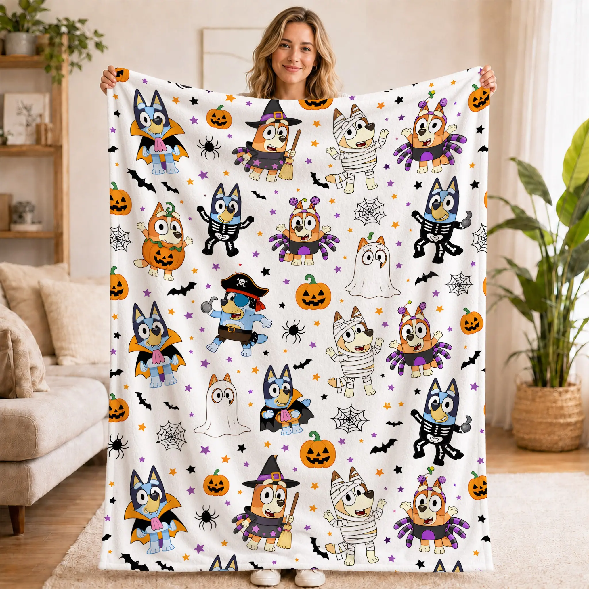 Bluey Bingo Halloween Theme Flannel Blanket, Pumpkin Ghost Witch Design, Cozy Lightweight Fuzzy Throw, Bedroom Couch Office Use