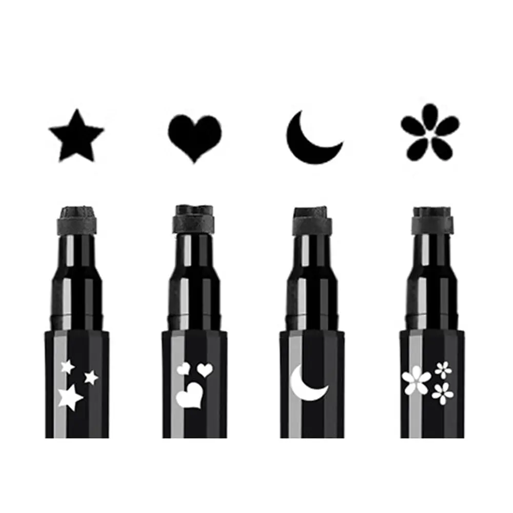 4-Piece Eyeliner Stamp Pen Set, Dual-Ended Black Liquid Liner with Star, Heart, Moon & Flower Stamps, Vegan, Cruelty-Free & Hypoallergenic Makeup for Birthday Party, Cosplay & Artists