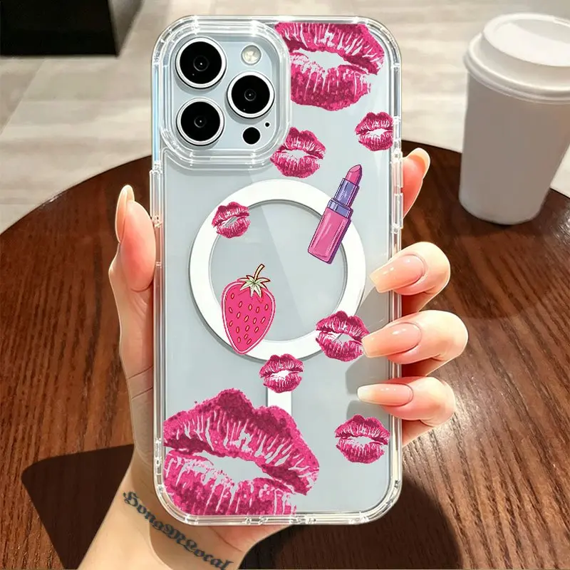 Phone Case - Phone Case: Pink Lips with Red Lipstick And Strawberry Pattern, Transparent Acrylic Magnetic Case, a Birthday Gift for Friends, Suitable for iPhone 17 E Air Pro ProMax iPhone16 15 14 Plus 13 12 11 X XS XR