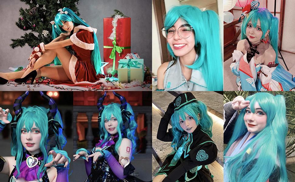 Synthetic Green Wig Cosplay Green Teal wig Double Ponytail Wig Long Green Wig With Bangs Straight wig Kawaii Wig Miku Wig