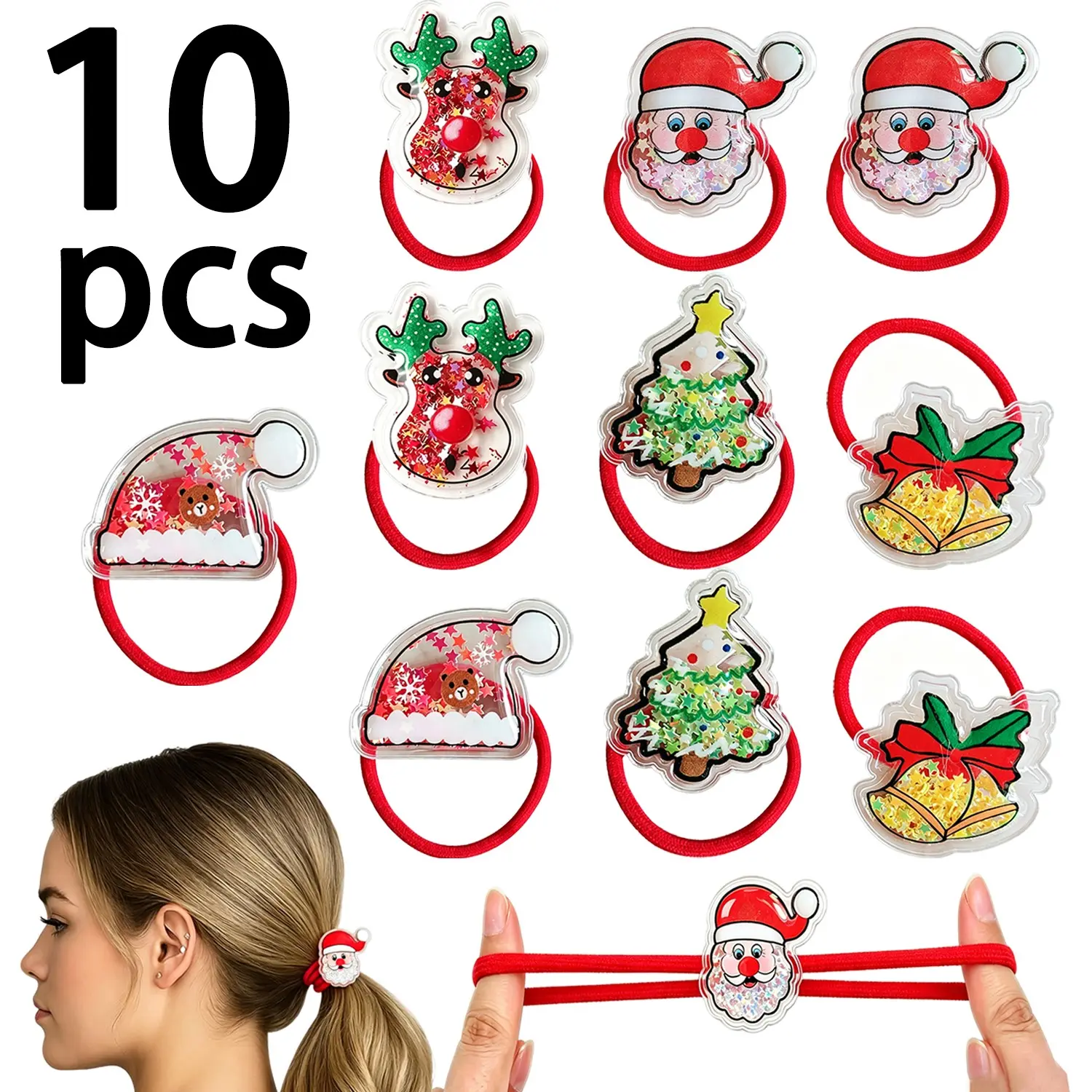 10 Pcs Christmas Hair Ties Set, 5 Styles Each with 2 Pieces, Sparkly Holiday Headbands, Nylon Gentle Hair Elastic, Perfect for Festive Parties
