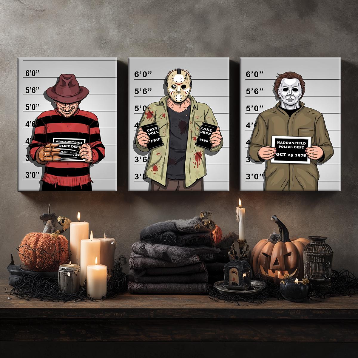 3 Counts Wooden Framed Canvas, Interesting Horror Movie Characters, Halloween Home Poster, Halloween Party Decorations, Living Room And Bedroom Hanging Paintings, Horror Theme, Interesting Posters, Exquisite Gifts, High-Definition Art, Wooden Wall Art