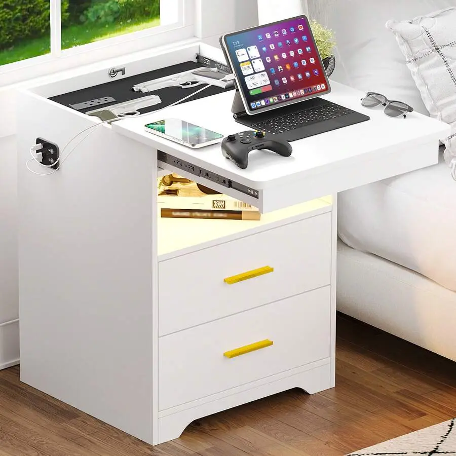 Black LED Nightstand with Lockable Gun Drawer, 2 Drawers, Auto Sensor Light (3-Color via Screen), Smart Charging Station, USB & Type-C Ports, Indoor Bedroom End Table, Mdf Wood, Rectangular
