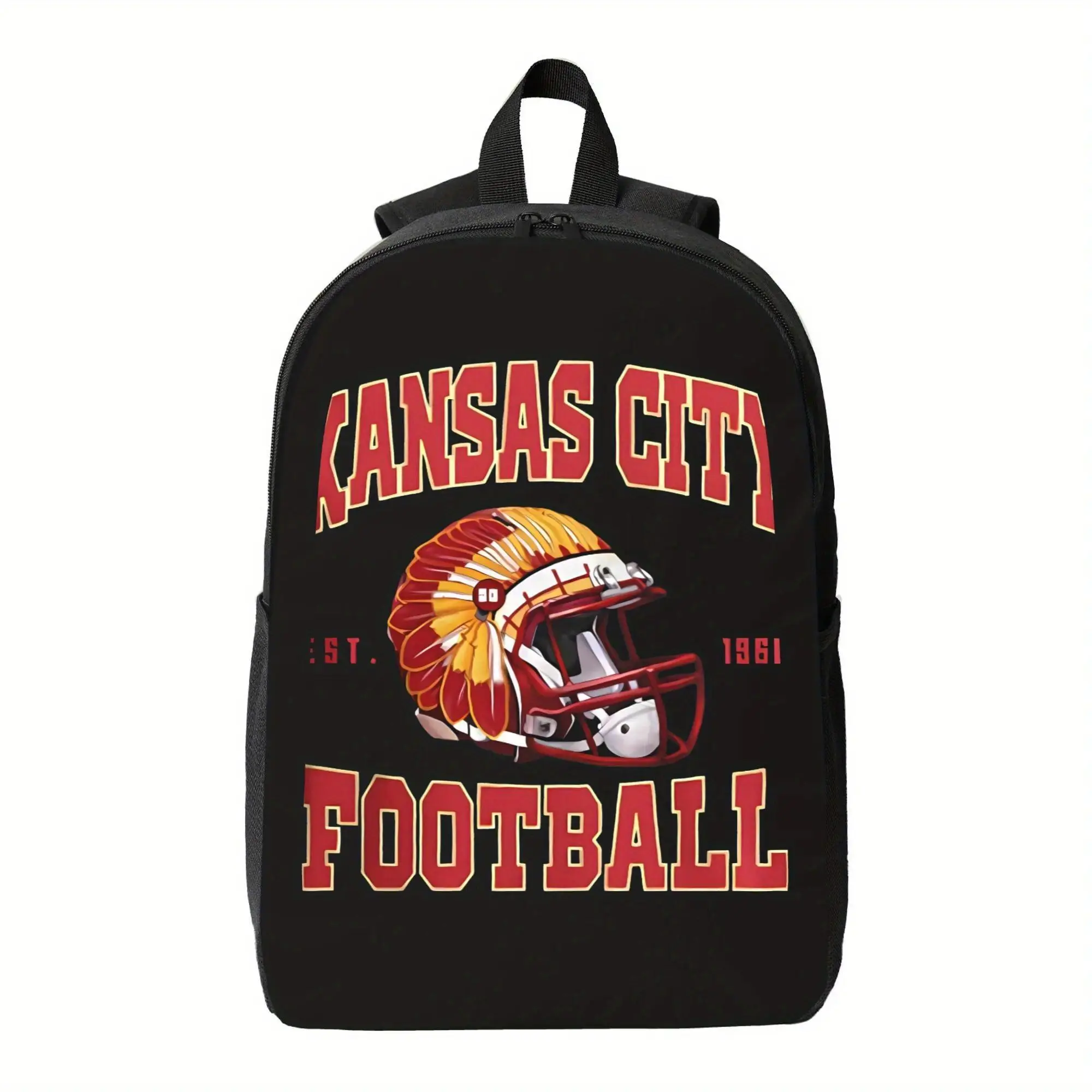 Kansas City Football Backpack - Vintage 1869 Team Design High-Quality College Bookbag, Durable Zipper Closure, Bold Print Helmet Motif, Synthetic Black & Red Sports Fan Game Day Essential Bag with Chain Detail, Zip Closure