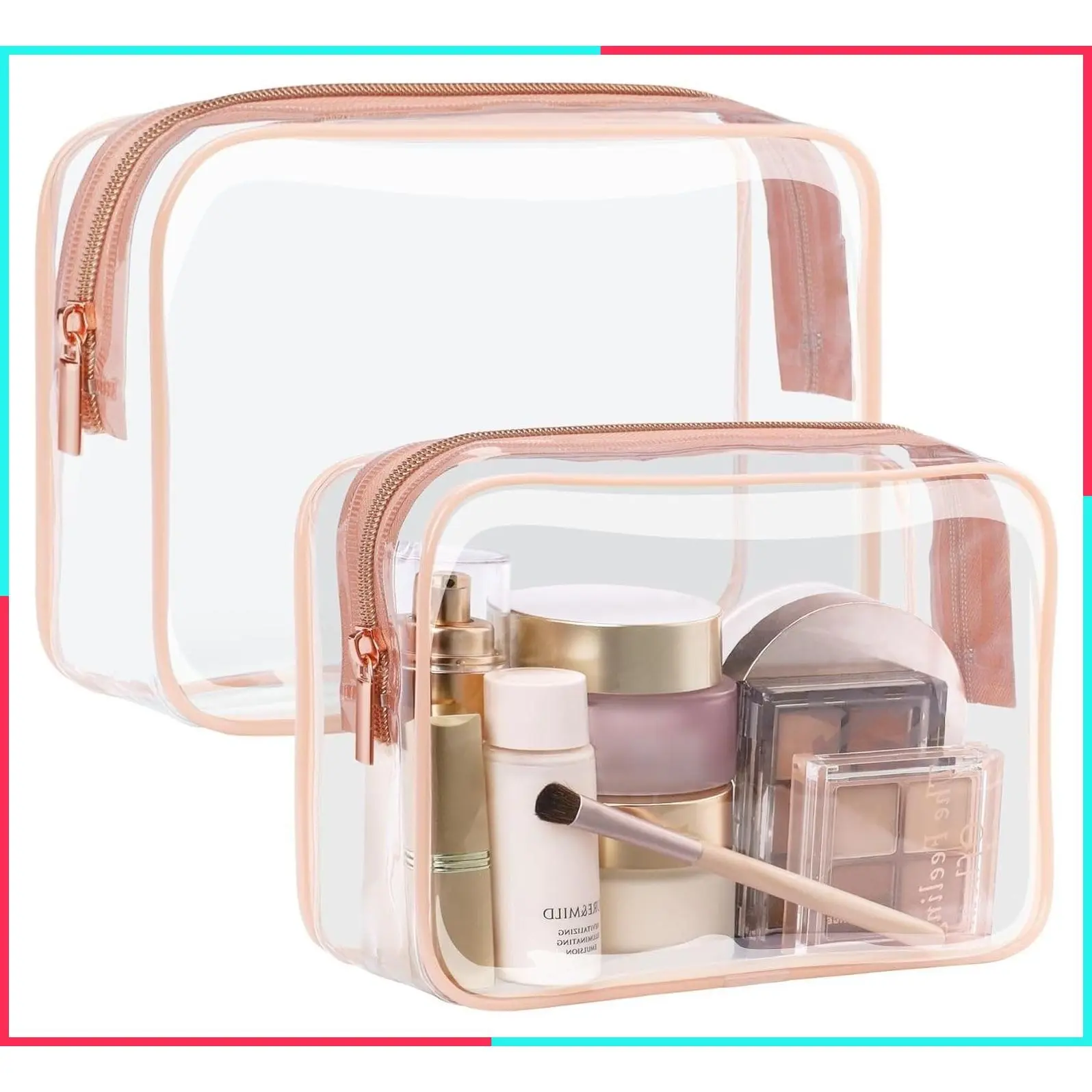 Clear Travel Makeup Bag Set - TSA Approved Toiletry Bags, 2 Pack Rose Pink, 1 Medium Quart Carry-On & 1 Large Checked Luggage, Reinforced Seams, Water-Resistant, Easy Airport Check for Women