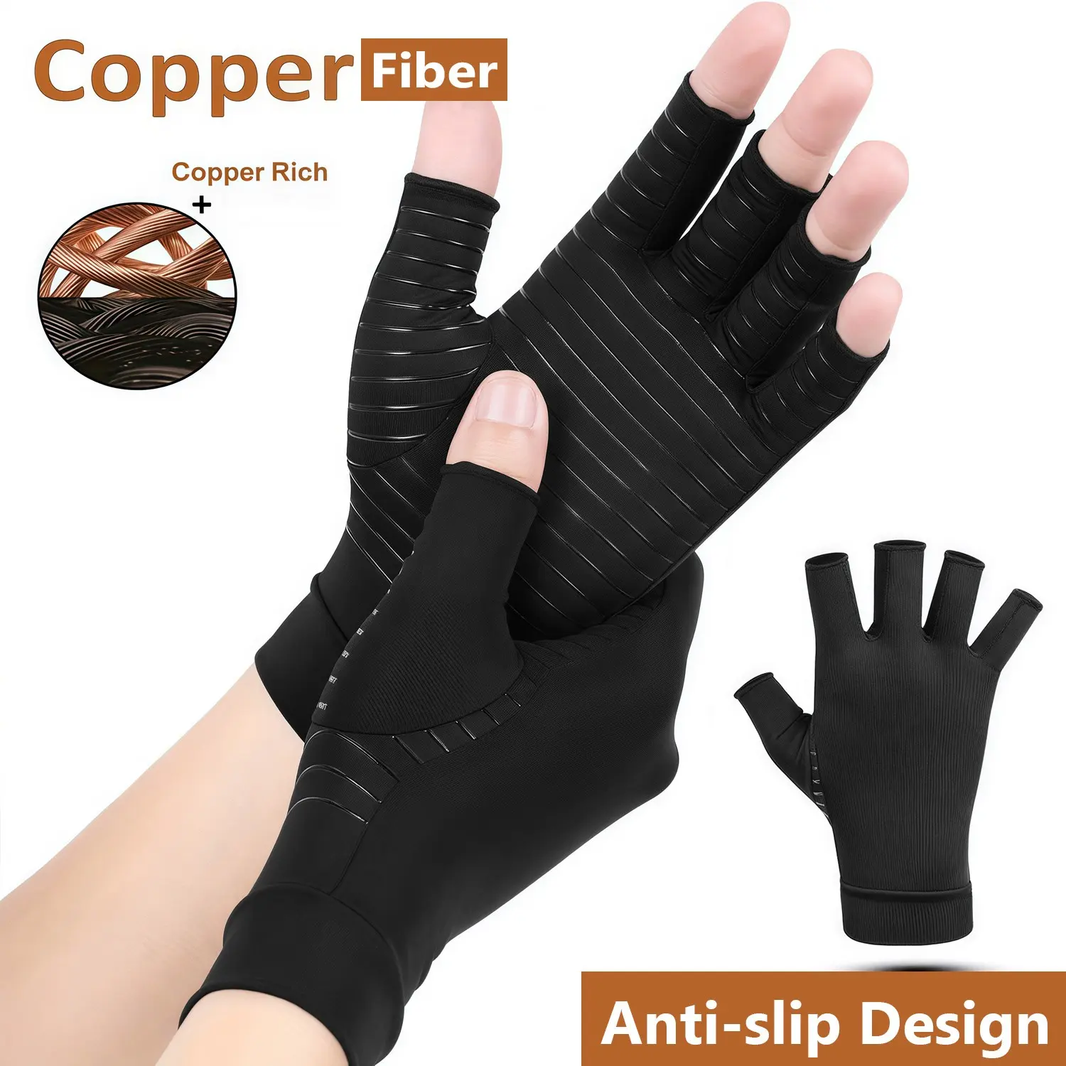2-Pack Copper Infused Fingerless Arthritis Compression Gloves, Breathable Stretch Hand Support Sleeves, Comfort Knit Hand Covers for Daily Hand Care, Typing, Exercise & Fitness, Unisex for Men & Women, Anti-slip Design