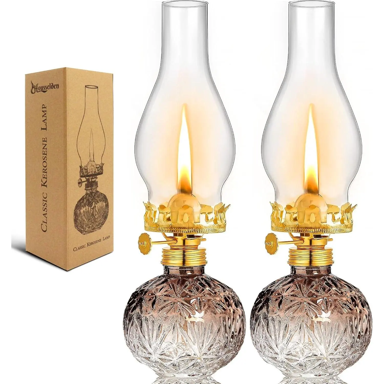 2 Pcs Chamber Oil Lamps for Indoor Use Lantern Kerosene Hurricane Vintage Glass Lamp, Large Classic Decor Lamp for Home Emergency Lighting 11Inch Height (Gradient Brown)