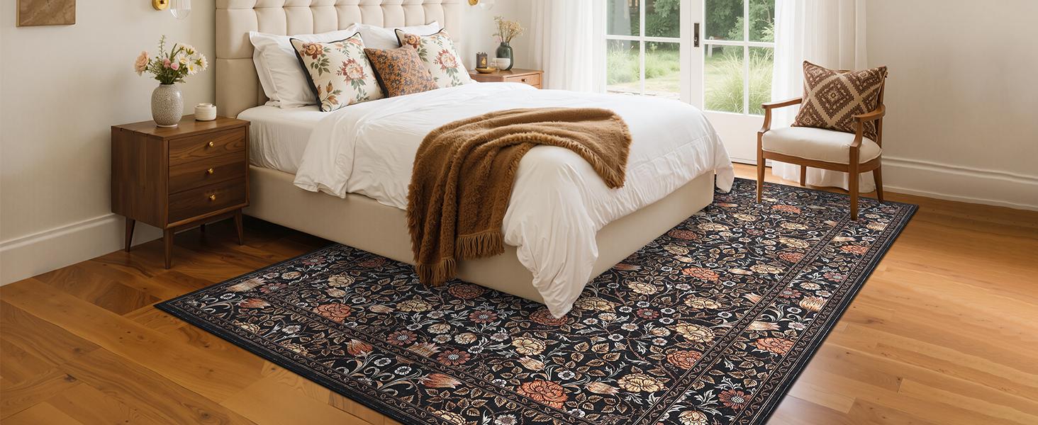 5x7 Brown Vintage Floral Boheme Area Rug, Low-Pile Washable Non-Slip Stain-Resistant Carpet for Living Room, Bedroom, Boheme Area Rugs