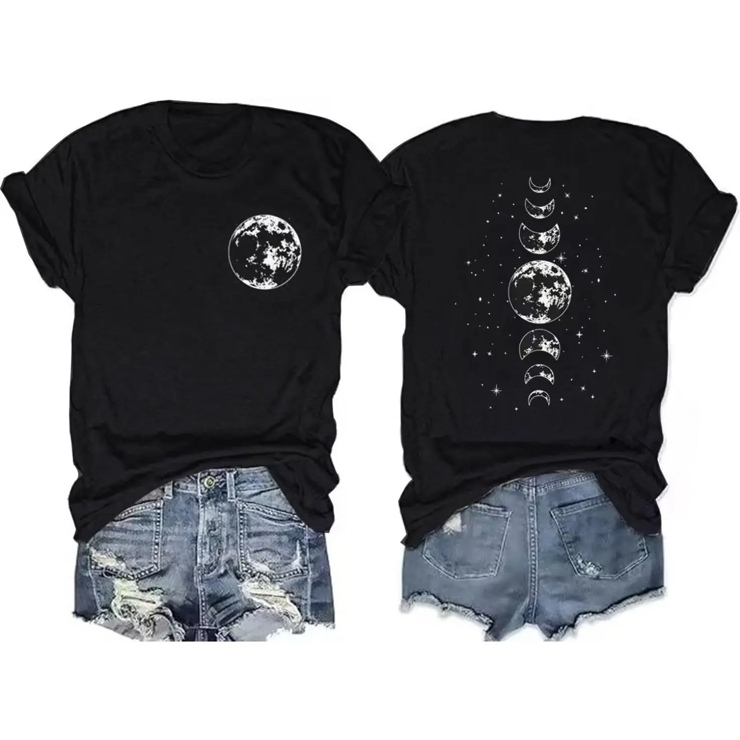 Moon Phases Celestial Double Sided Graphic Tee Clean Finish Heavyweight Cotton Tshirt Front And Back Print Gothic Aesthetic Top Women Short Sleeve Crewneck Top Trending Streetwear Viral Outfit