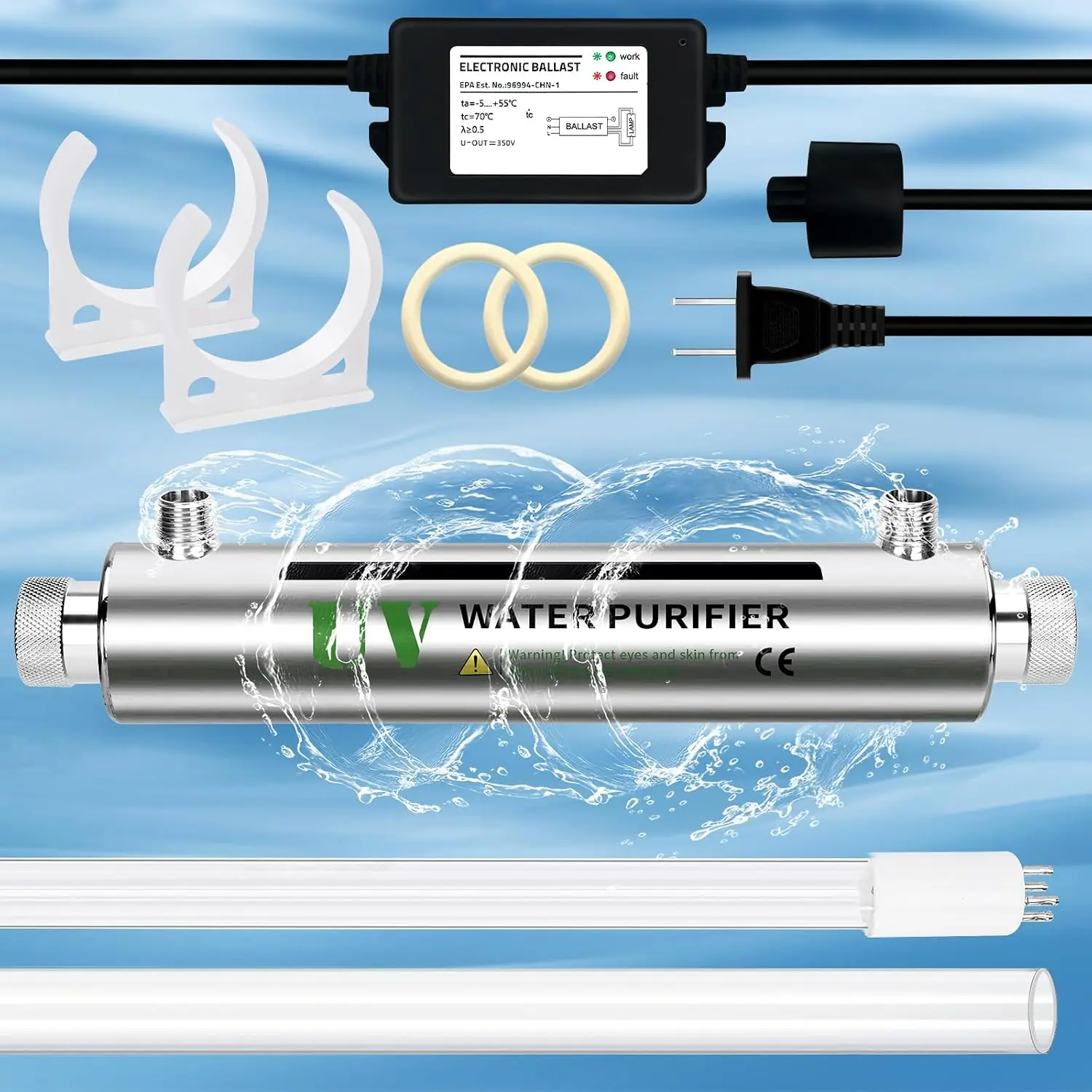 UV Water Filter,Add- Kit for Under Sink  Systems,Ultraviolet Water Purifier  Filter for Whole House Water Purification,2GPM 110V,Consumed Power 21W, Lamp Power 16W
