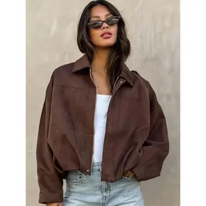 Women's Cropped Suede Casual Loose Fitting Jacket Demi-Season Bomber Jacket Female Outerwears Streetwear Long Sleeve Oversized Black Brown Green Red Jacket Woman Fashion Zip Up Short Coat Lady Womenswear