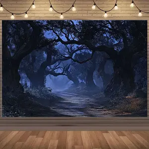 1 piece of Halloween mysterious forest path backdrop fabric, featuring moonlight shadows and trees - polyester party decoration suitable for birthdays, outdoor celebrations, tailgate parties - no electricity required, Halloween decoration, festive atmosph
