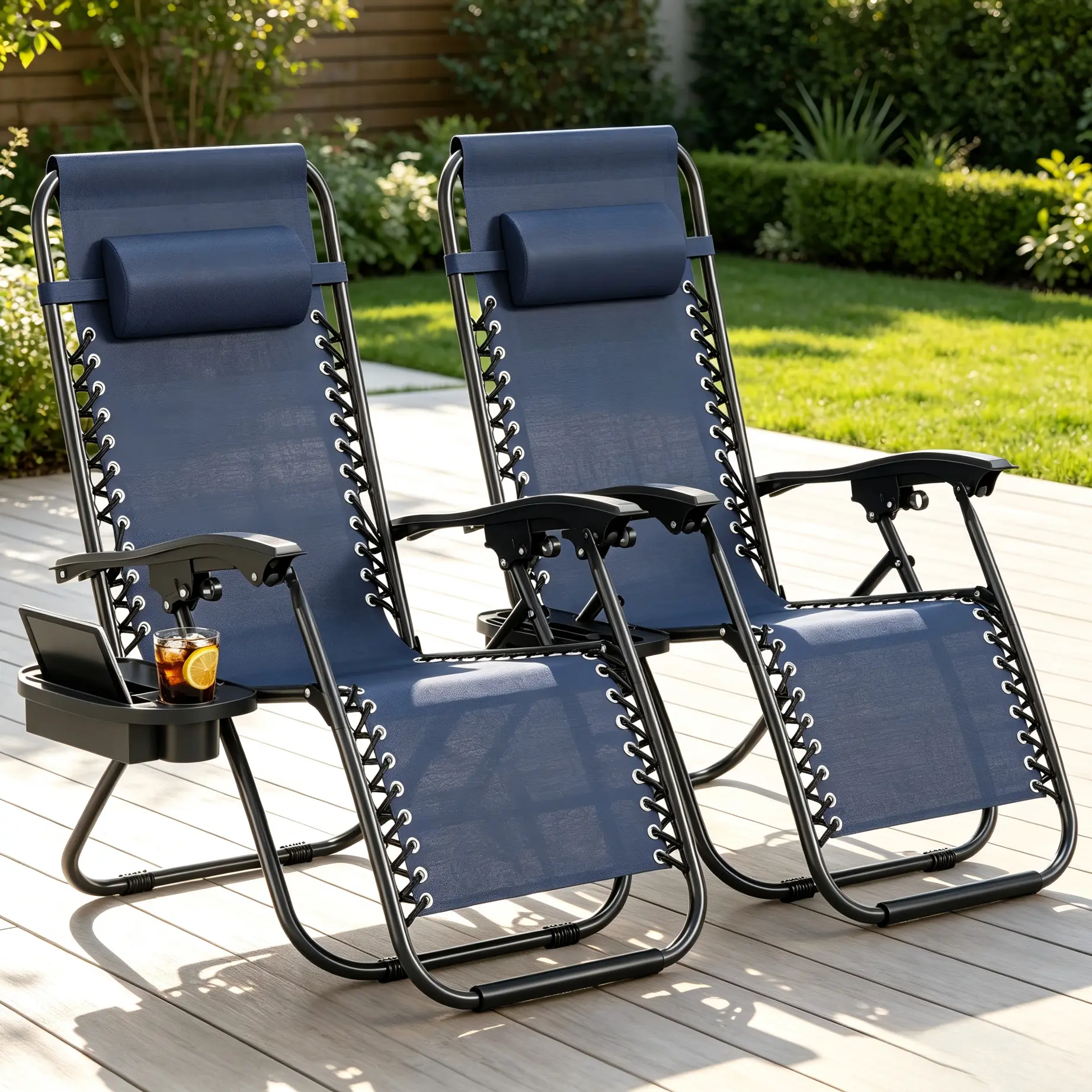 Zero Gravity Chairs Set of 2, Adjustable Widened Folding Reclining Patio Lounge Chairs with Removable Headrest Pillow & Detachable Side Cup Holder Tray, Heavy Duty Recliner for Backyard Beach Camping (Navy Blue)