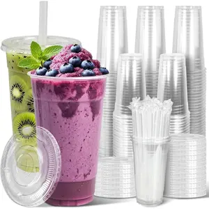 50-Pack 12-32oz Clear Plastic Iced Coffee Cups with Lids and Straws, Disposable To Go Cups for Smoothies, Milkshake, Cold Beverages, Coffee Bar Accessories