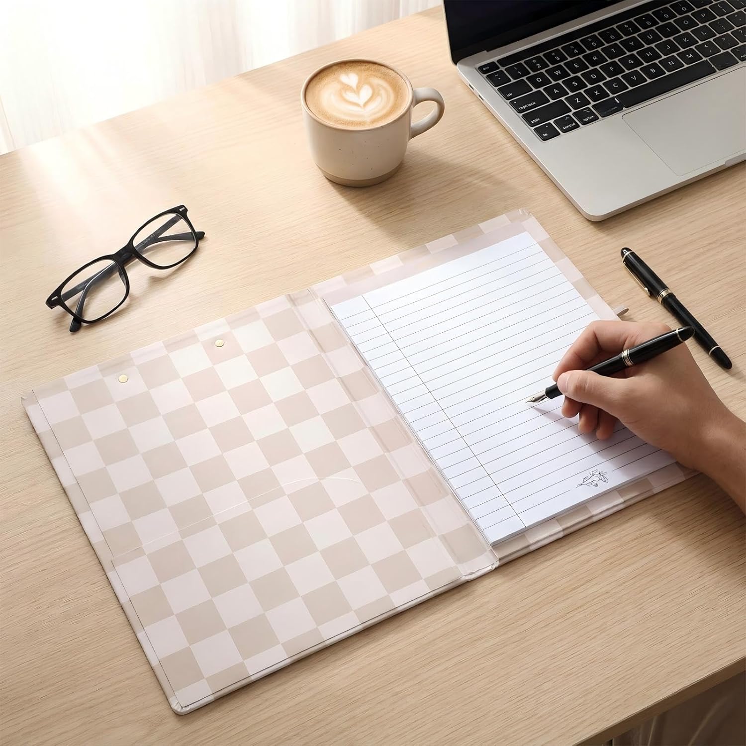 Checkered Clipboard Padfolio with Refillable Lined Notepad and Interior Storage Pocket, Portfolio Folder Organizer Legal Pad Holder for Work Business Office(Brown)