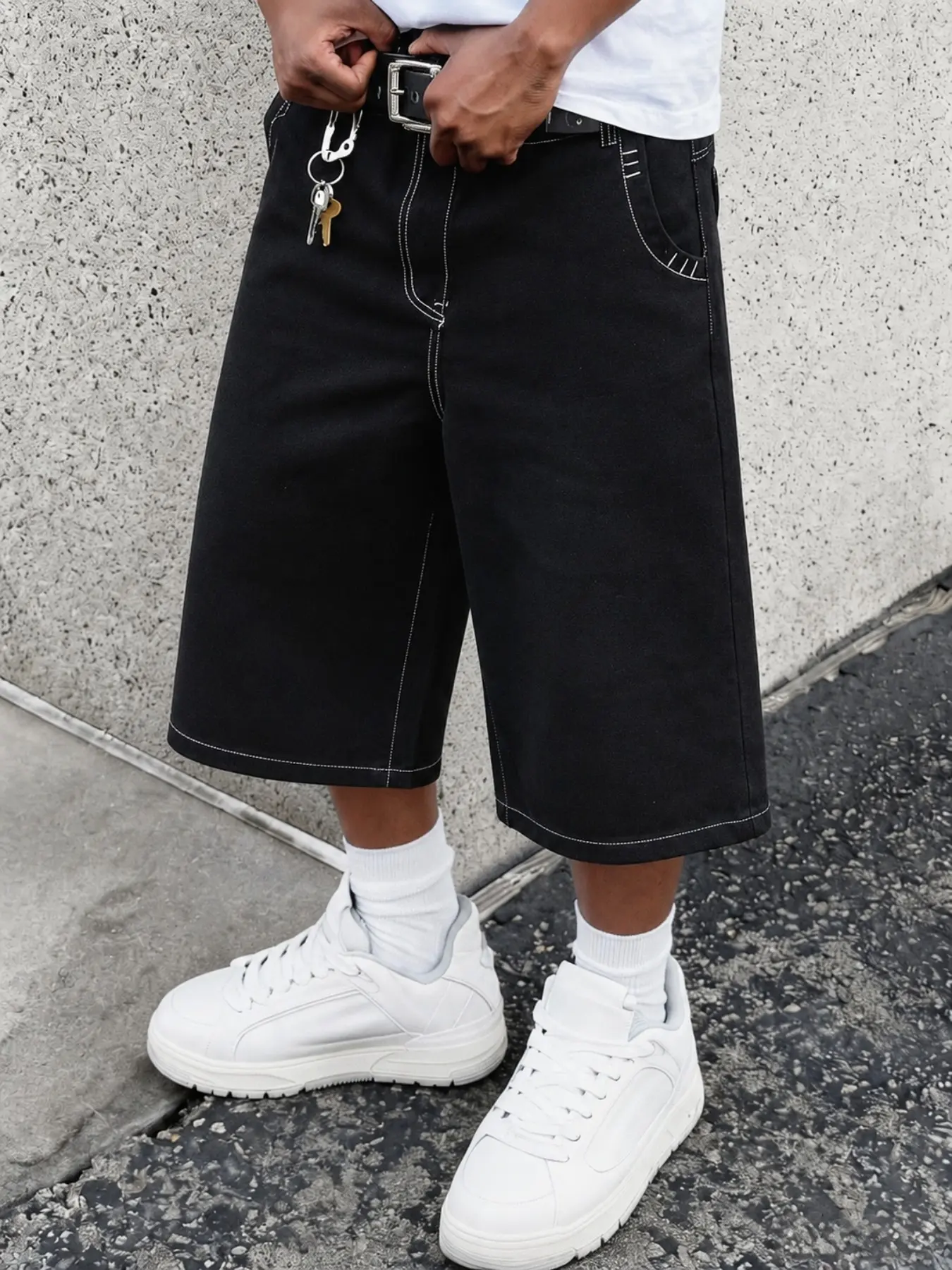 Summer Men's Denim Seven-Quarter Shorts, American Street Hip-Hop Style, Wide Leg Loose Fit, Stitching, Comfortable Daily Wear