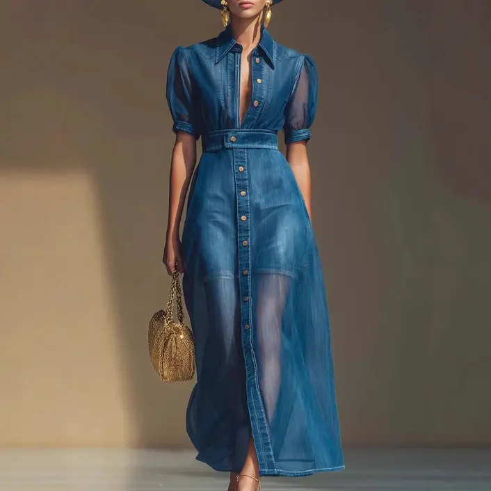 Women Faux Denim Maxi Dress Puff Short Sleeve V‑Neck Button Front Organza Sheer Long Dress With Belt Party Casual Dresses