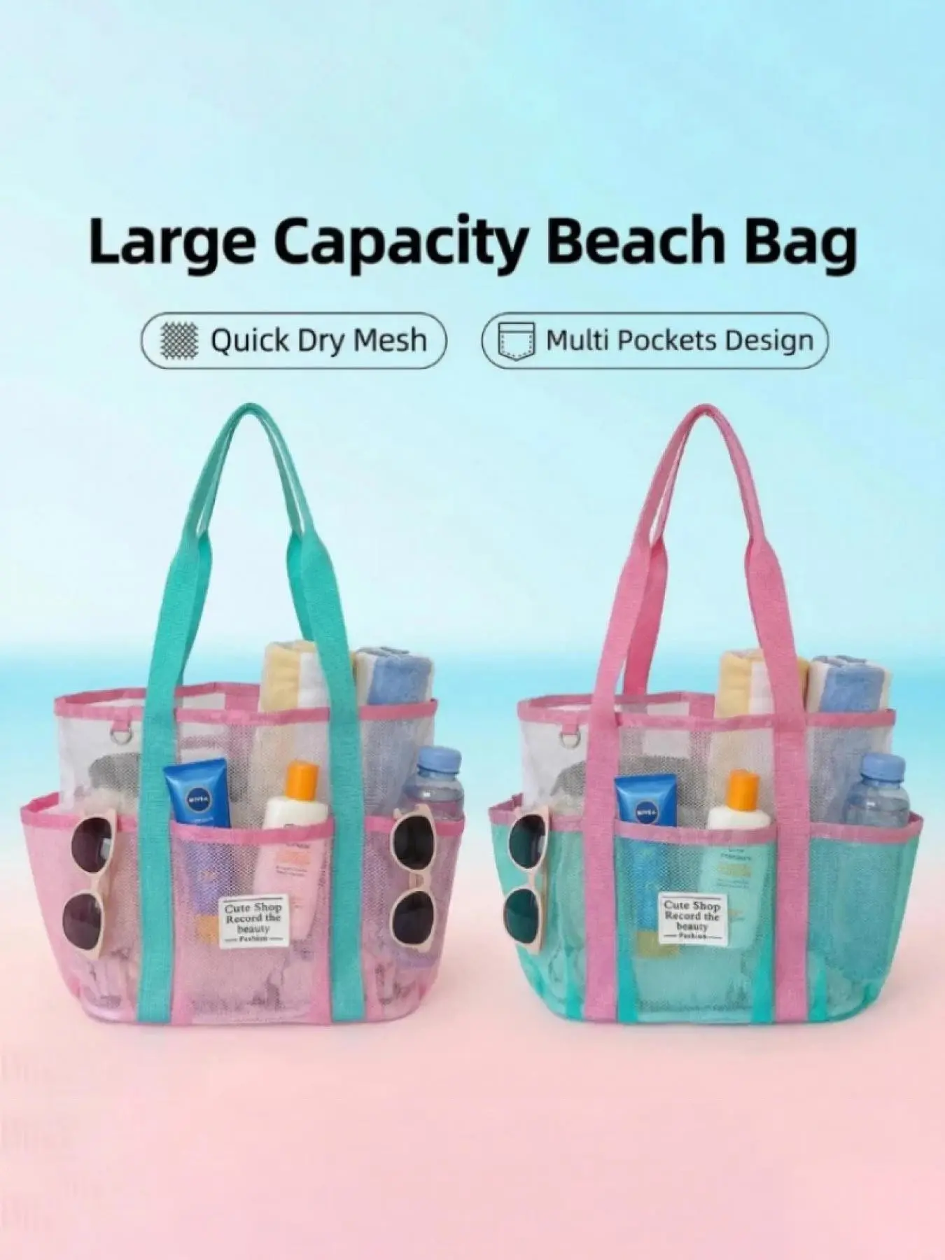Pink Swimming Bag Large Capacity Vacation Getaway Beach Bag Portable Tote Mesh Sport Storage Bag Breathable Travel Toiletry Shower Bag Travel Essentials