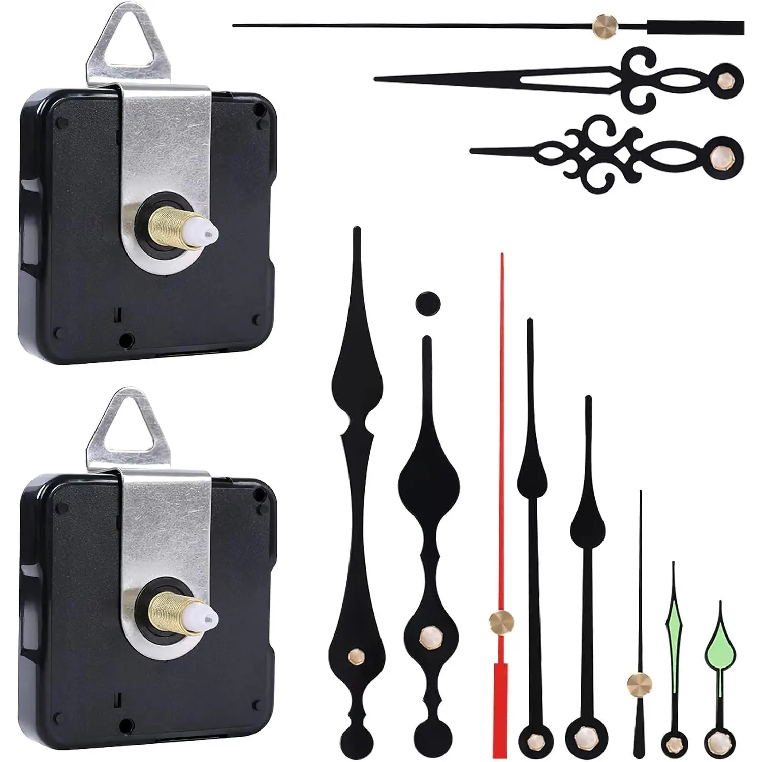 DIY Clock Movement Kit - 2 Movements, 4-Pack Decorative Clock Hands, 5/8 in Shaft Length, 3/8 in Thread Length, Non-Ticking Sweeping Motion, Accurate for DIY Repair & Custom Craft Projects
