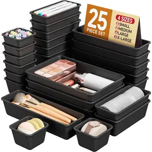 25-piece plastic drawer storage box set, 4 sizes of dresser storage boxes, drawer storage trays for makeup tables and desks, used for organizing and storing cosmetics, bathroom items, kitchen utensils, and office supplies (black)