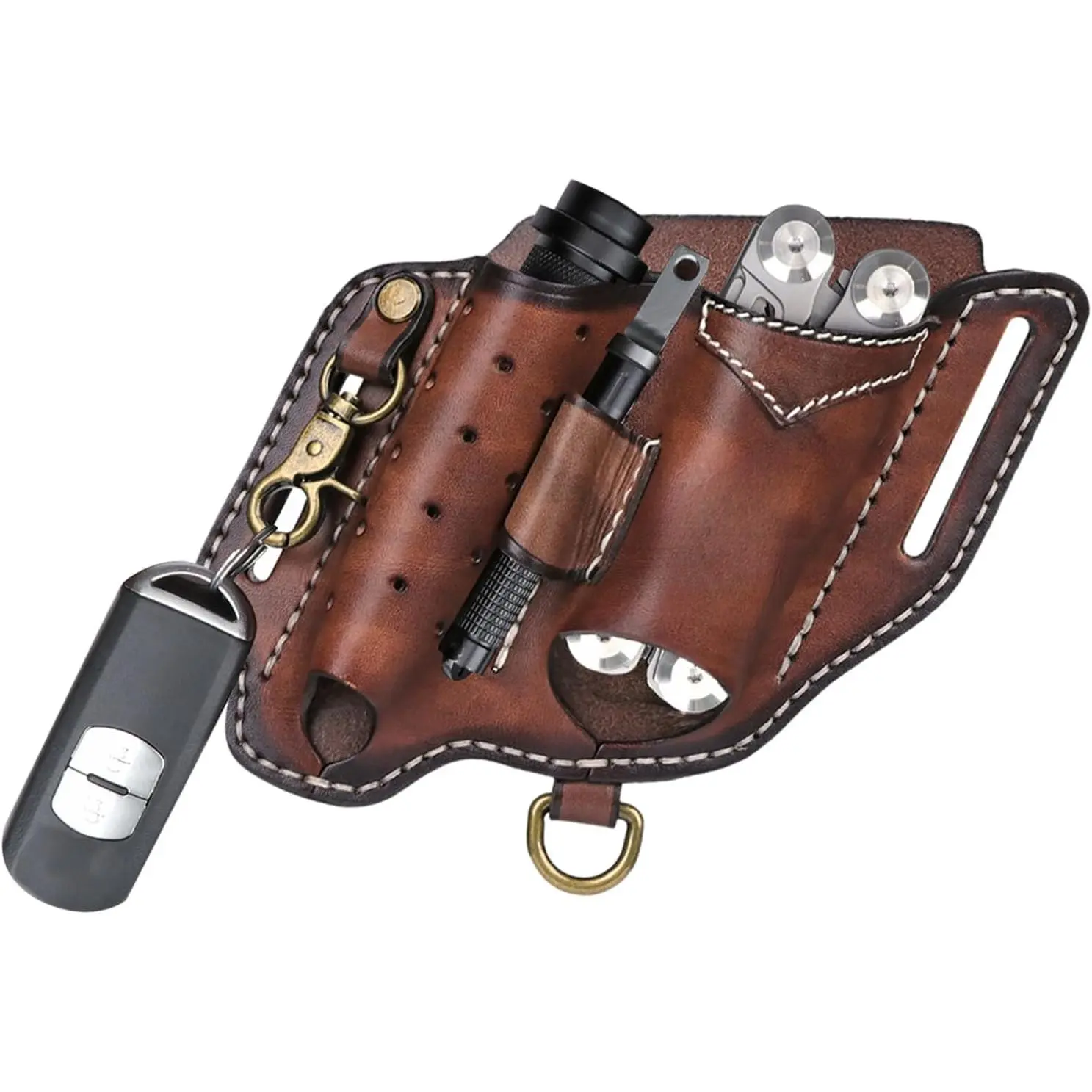 Leather Multitool Sheath for Belt Compact EDC Pouch Pocket 5 in 1 Organizer| Leather Man Multi-tool Case Flashlight Holster Pen Holder Keychain Clip,Cross-Draw,Dedicated Pockets,Keychain Clip,All-In-One