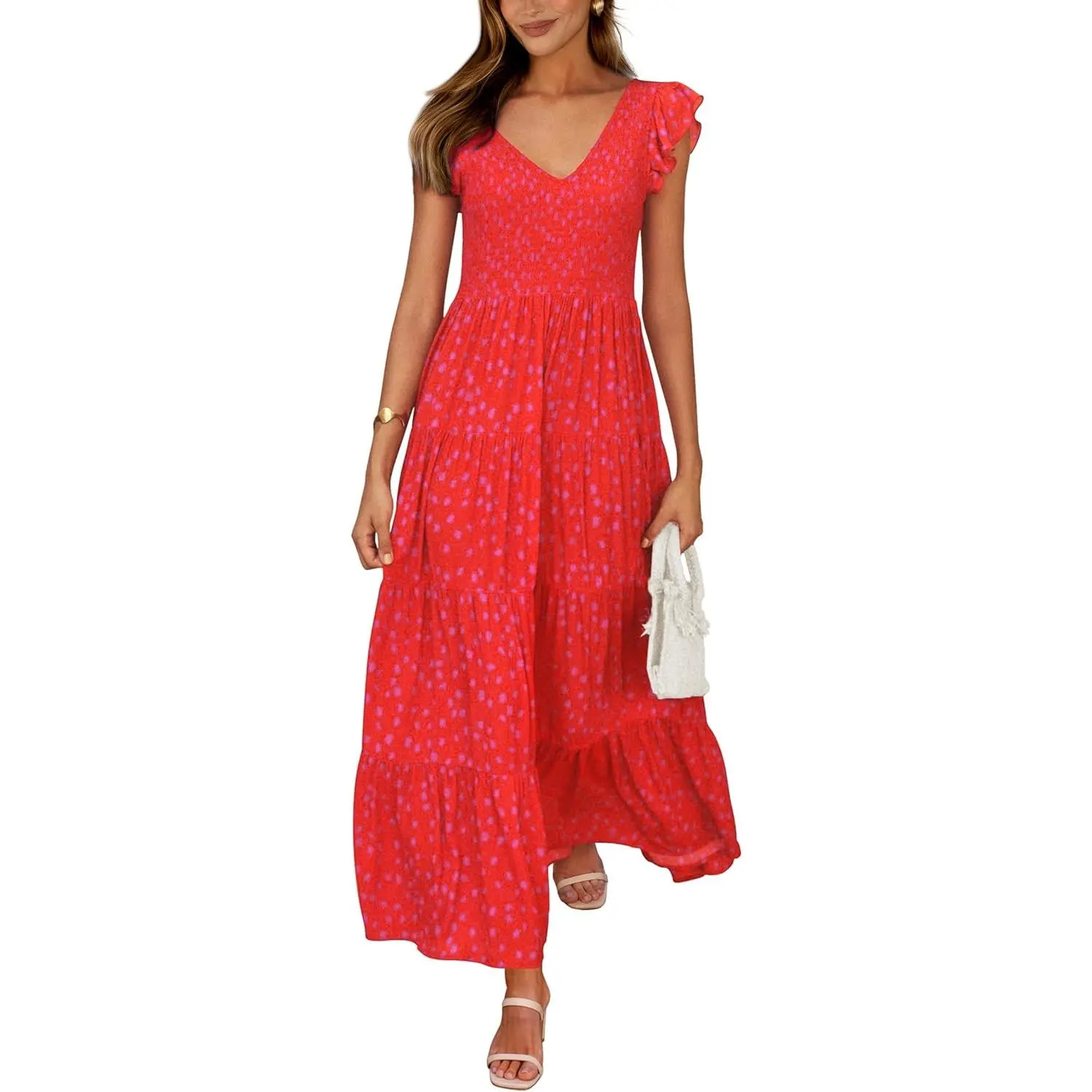 Women's Lightweight Summer Flowy Maxi Dress - Casual Wear Garment with Cap Sleeves, V-Neck, Smocked Design, Classy Fit for Beach Occasions, Print, Lady, Elegance, Stretchy, Sundress, Solid, Tiered, Ruffle, Soft