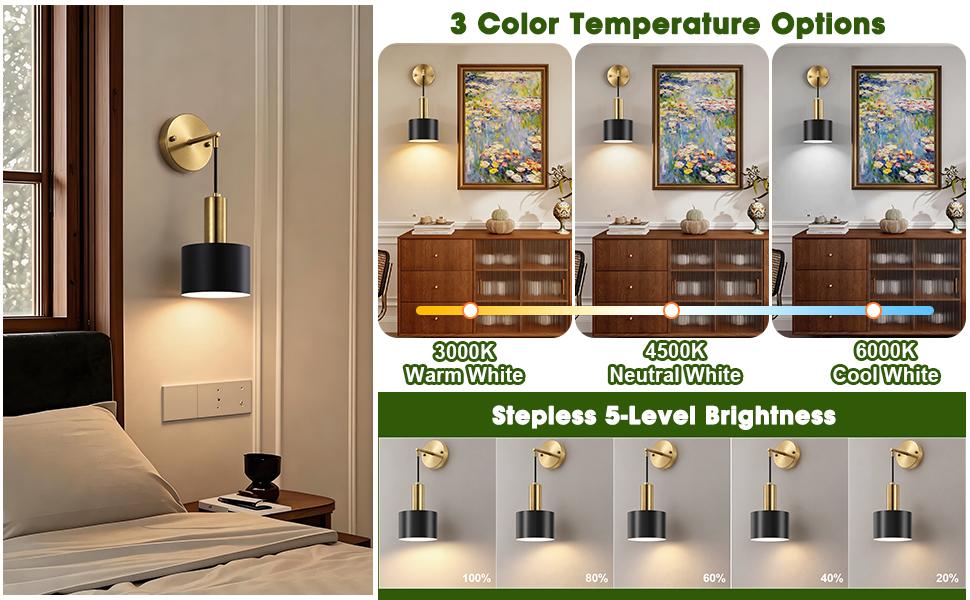 Battery Operated Wall Sconces Set of Two, Black & Gold Wireless Rechargeable Wall Lights with Remote, Dimmable LED Wall Lamps, Modern Cordless Sconce for Bedroom Living Room Hallway