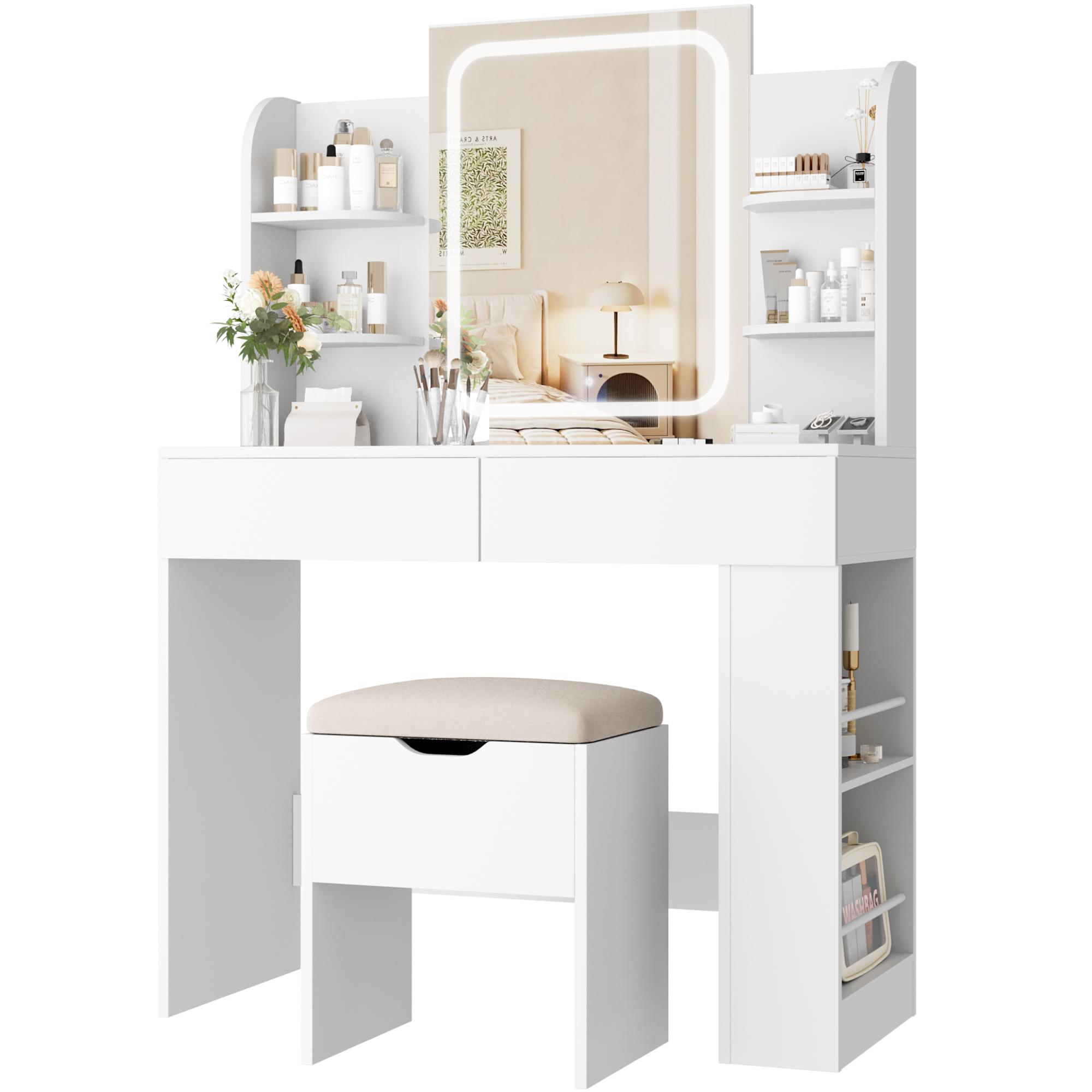 FURMAX Vanity Desk with Mirror and LED Lights, Makeup Vanity Table with 3 Lighting Color, Adjustable Brightness, Vanity Table with 2 Drawers, Side Storage, for Bedroom