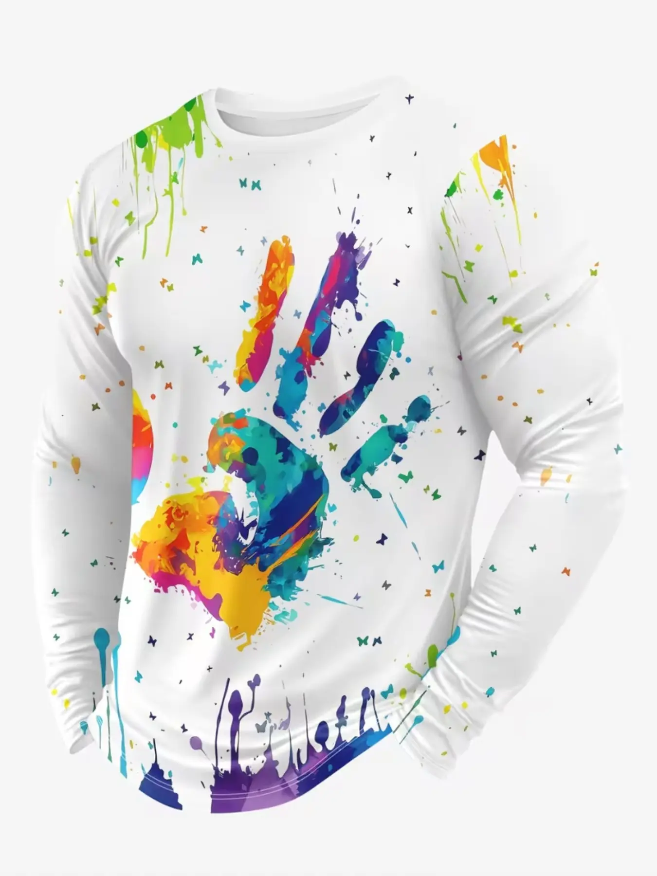 Men's 3D Full Print Long Sleeve T-Shirt, Color-Changing Splatter Design, Breathable Casual Round Neck, Spring Fall Layering Essential