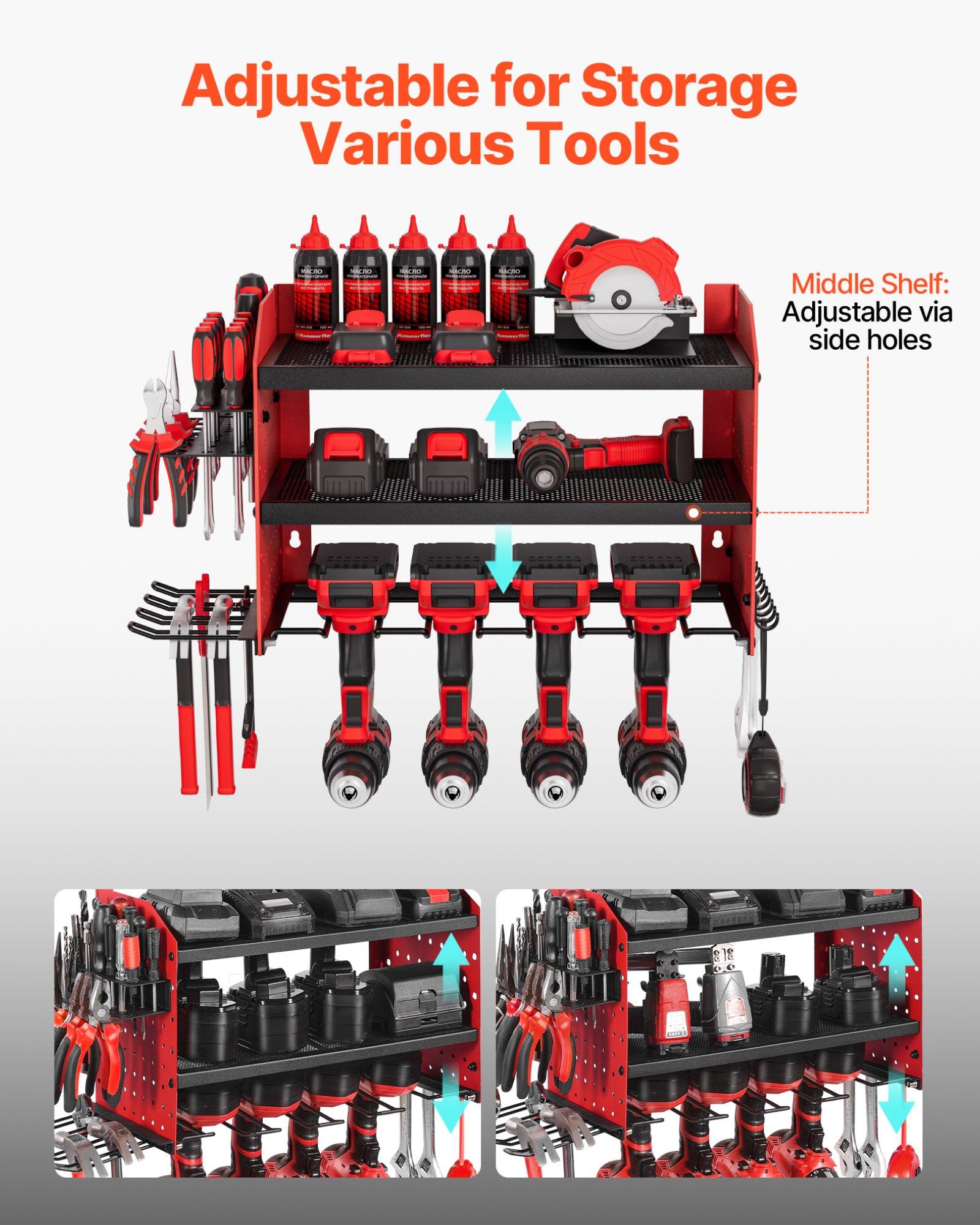 VEVOR Power Tool Organizer Wall Mount, 3-Layer Storage Rack with 4 Drill Holders, Tools Holder and Storage Rack with Side Pegboards, Garage Tool Organizer for Garage, Workbench, and Workshop