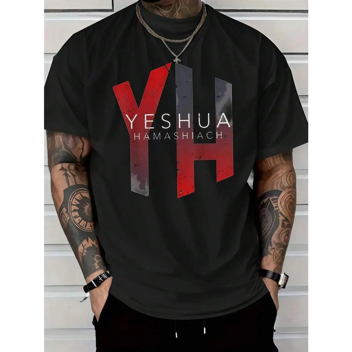 1pc Mens Clothes Yeshua Letter Graphic Print Black TShirt, Unisex Casual Crew Neck Tshirt, Plus Size Men's Clothing 5XL, Lightweight 220gsm Knit