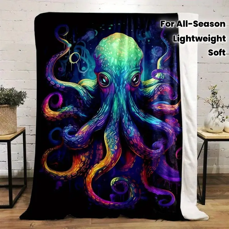 Reversible Octopus Print Flannel Throw Blanket - Soft Non-Woven Fabric, Lightweight All-Season Bed Cover, Colorful Squid Tentacle Design (Blue/Purple/Pink/Green), Suitable for Beds, Couches, Offices - Ocean-Themed Gift Idea