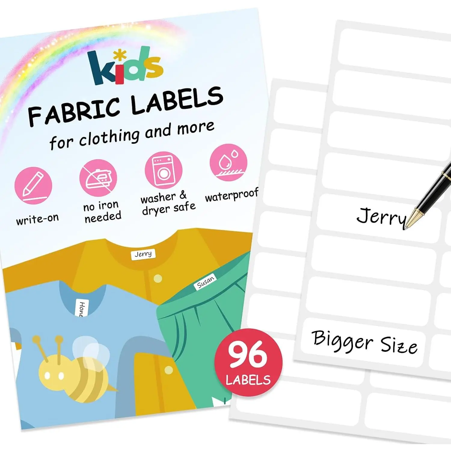 No-Iron Fabric Labels,  Clothing Labels Self-Stick Write-, Name Labels for , Camp, School, Toys, Organizing, Washer & Dryer Safe, Pack of 96, 1/2" x /4"