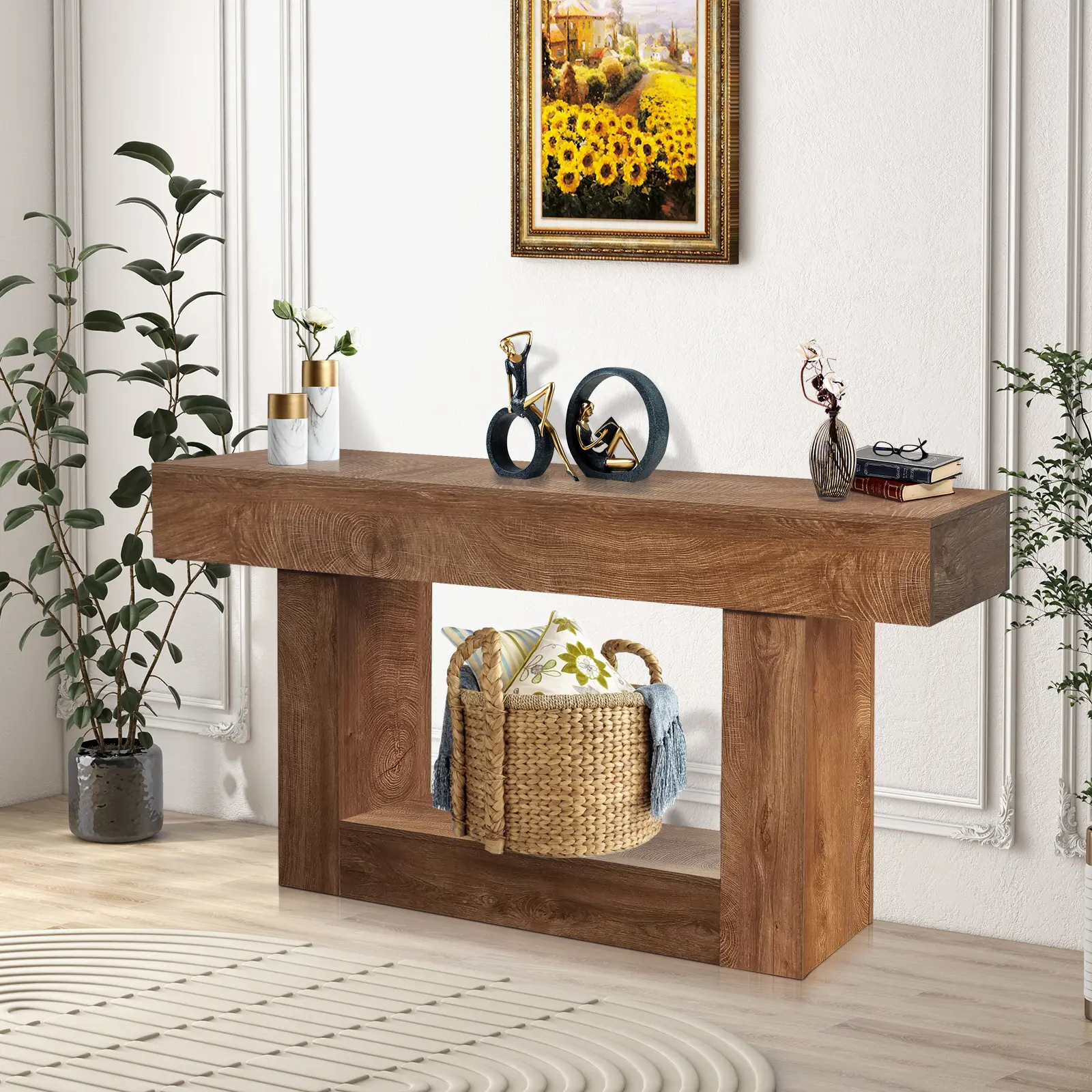 63 Inch Long Console Table for Entryway – 2-Tier Farmhouse Sofa Table Behind Couch, Wooden Rectangular Entry Table for Living Room, Hallway & Foyer, Rustic Brown