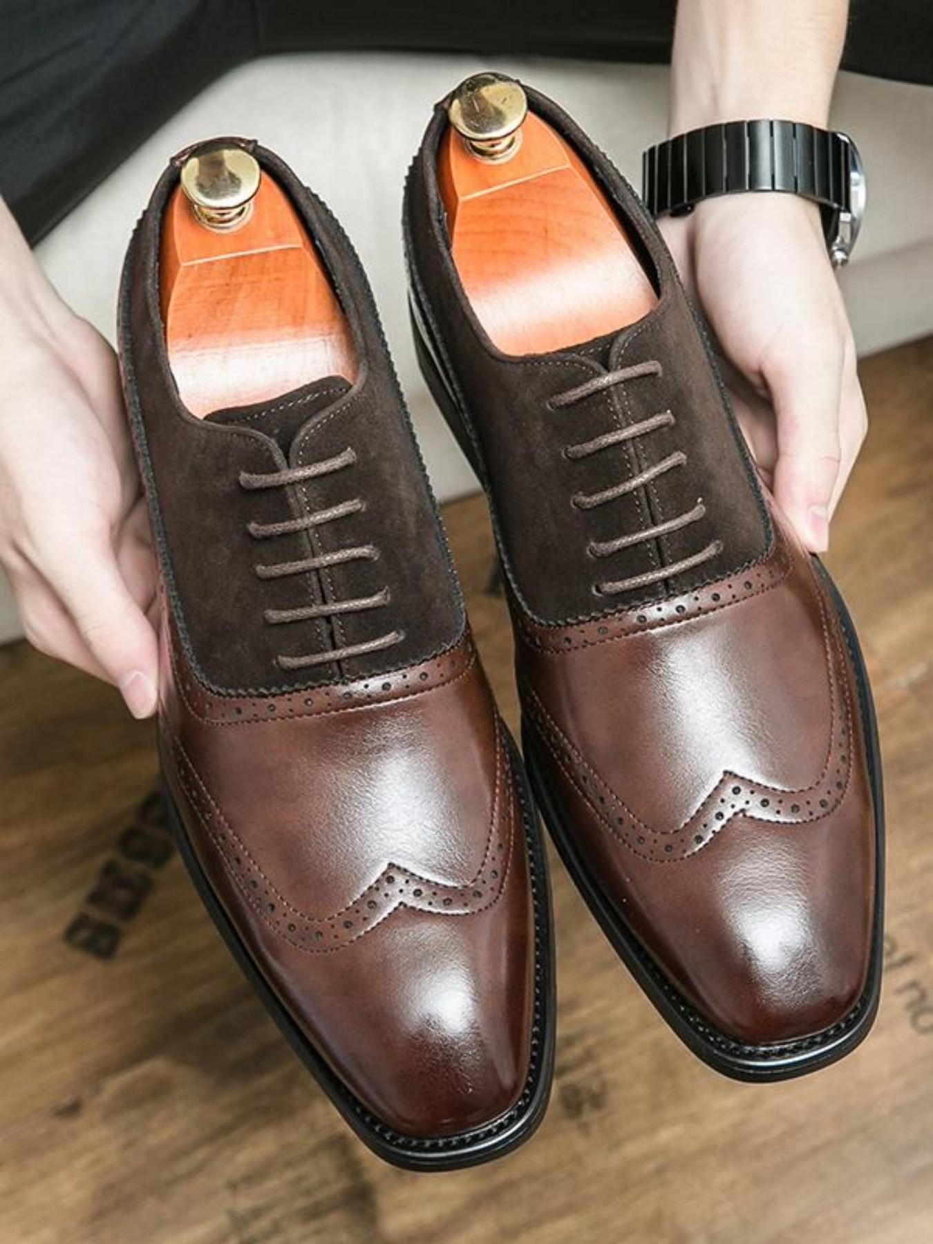 Men's Business Formal Lace Up Patchwork Design Dress Shoes, Fashionable Retro Style Shoes for Work Office, Male All-match Shoes for Daily Wear