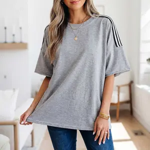 Women's Oversized Patchwork Stripe Tee, Casual Light Grey Cotton Blend Top with Loose Sleeves and Raw Edge Hem