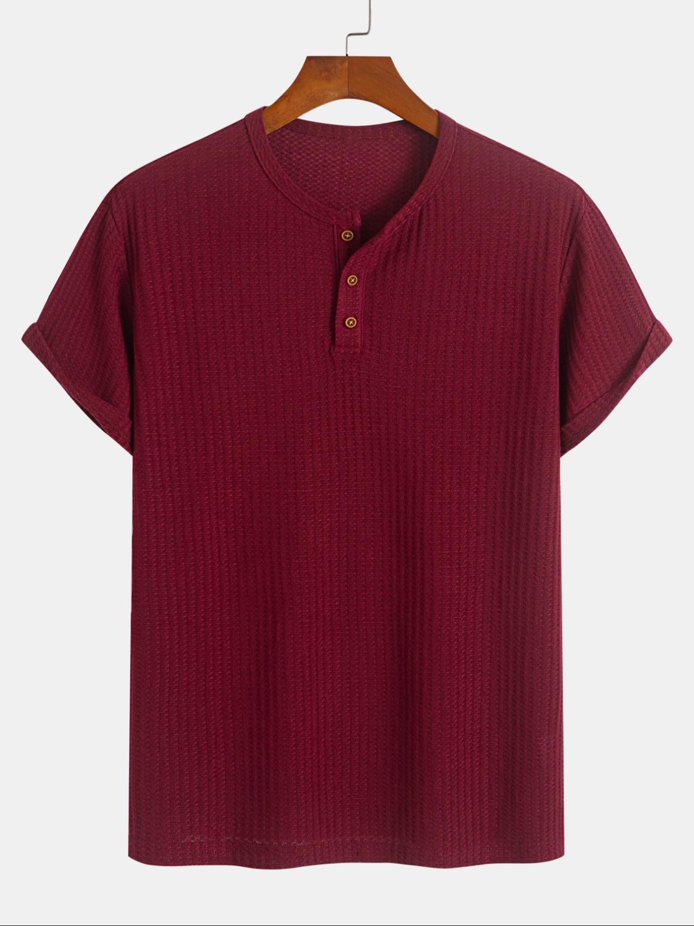 Men's Solid Knit Henley Curved Hem Tee, Regular Fit Casual Short Sleeve T-shirt for Summer, Men's Top for Daily Wear