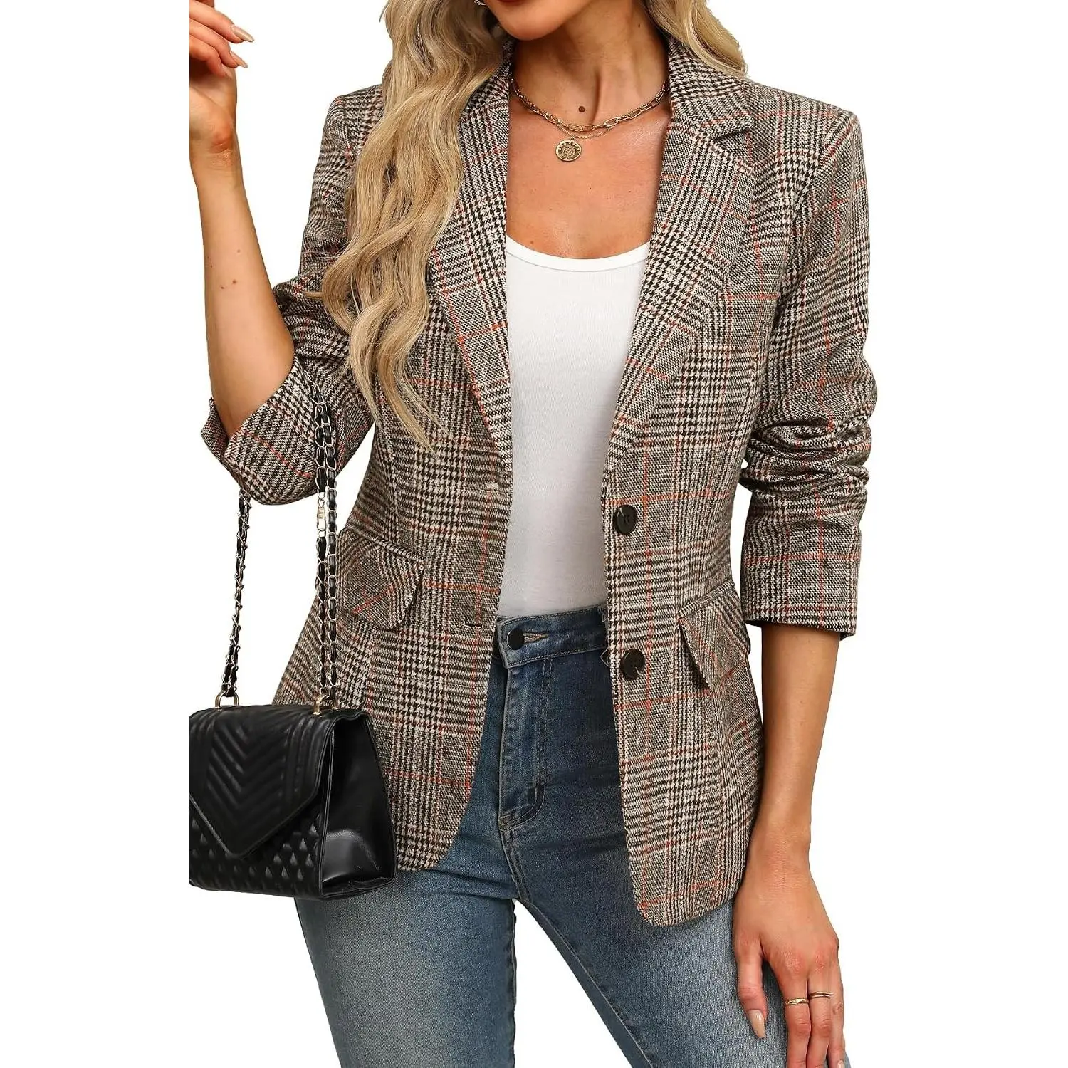 Women's Business Casual Plaid Blazer Work Office Suit Jackets | Houndstooth Tweed Boyfriends Blazer, Lapel Collar Long Sleeve Jacket, 2 Button Casual Outfits with Pockets
