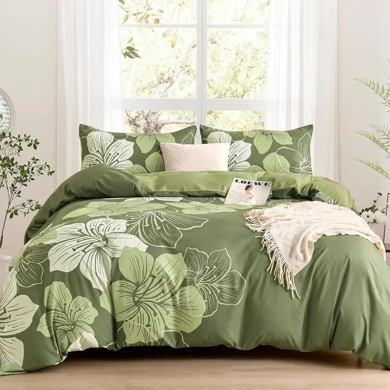 Queen Size Sage Green Floral Microfiber Duvet Cover Set - 3-Piece with Pillowcases, Soft Lightweight Boho Vintage Cottagecore Bedding, All-Seasons Bedroom Decor, Boho Garden Style