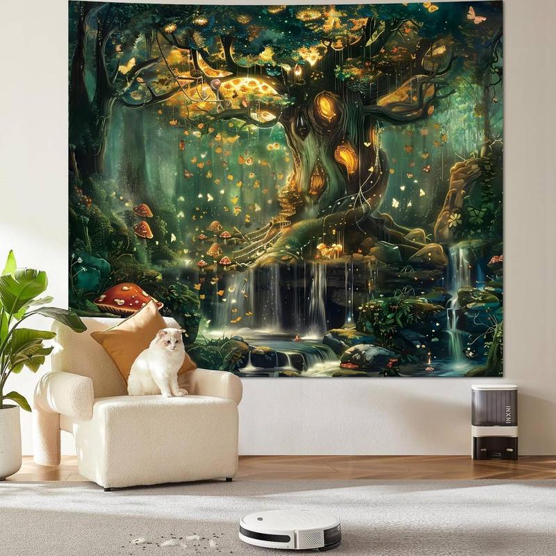 Forest Wall Tapestry for Bedroom, Nature Green Tree of Life Tapestries Wall Hanging, Fairy Tales Magical Landscape Backdrop Tapestry for Living Room Dorm Decor