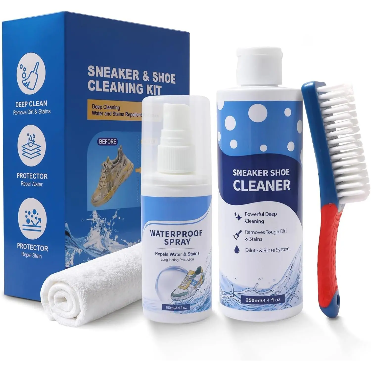 Shoe Cleaner Kit for Sneakers - 8.4 fl oz Sneaker Cleaner, Protector  | Deep Shoe Cleaning Kit with Brush & Towel for Sneakers/Canvas/Boots/Mesh Shoes & , Long-lasting Water & Stain Repellent