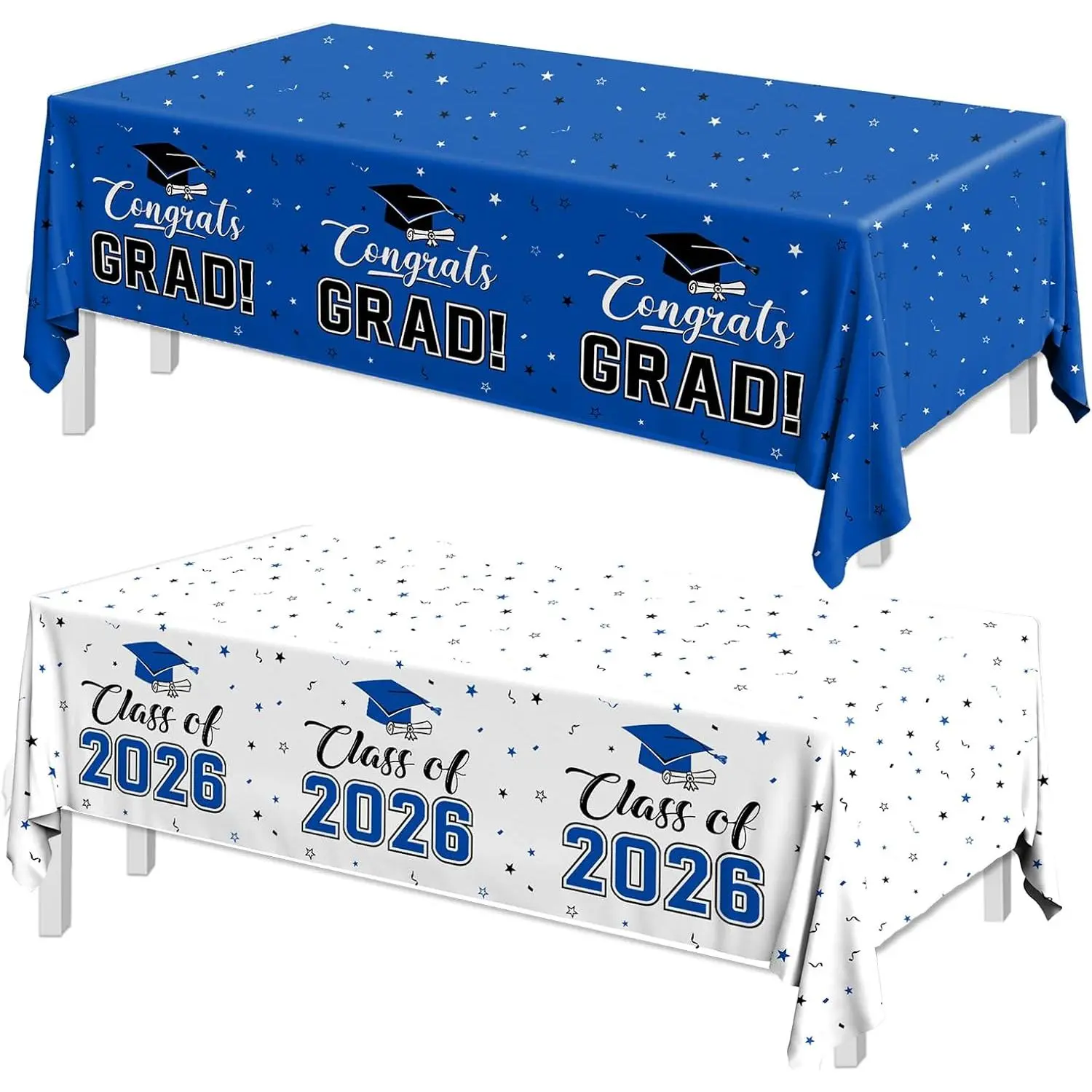 2pcs 108x54inch Class of 2026 Congrats Grad Tablecloth, White Navy Blue Rectangle Table Covers for Graduation Party Decorations Supplies (Blue)