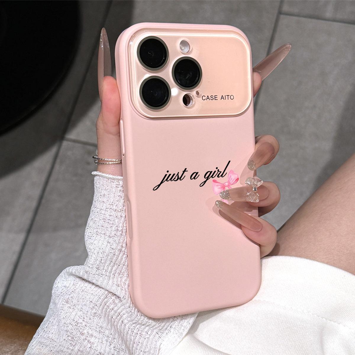 Personalized Simple Letter &Pink Bow Slogan Dopamine Ins Style Solid Color Phone Case with Ultra Skin friendly Touch, All Inclusive Lens Phone Case Suitable for iPhone 17 16 15 14 13 12 Pro Max Air