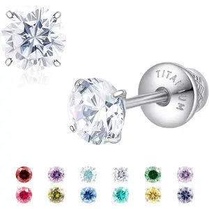 Birthstone Screw Back Earrings G23 Implant Grade Titanium Hypoallergenic Stud Earrings Cubic Zirconia Jewelry Gifts for Girls with Sensitive Ears