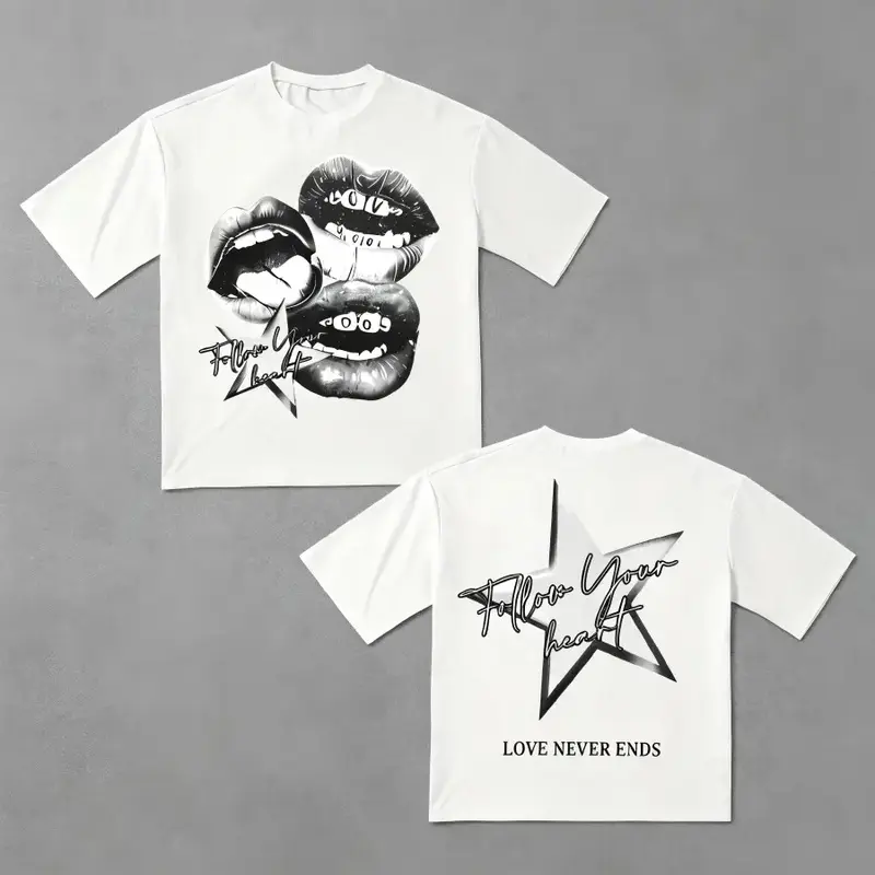 Graphic Lips Star Print Y2K Grunge Graphic Tee, Vintage Streetwear Shortsleeve Drop Shoulder Unisex T-Shirt, Casual Summer Crewneck Top for Men Women