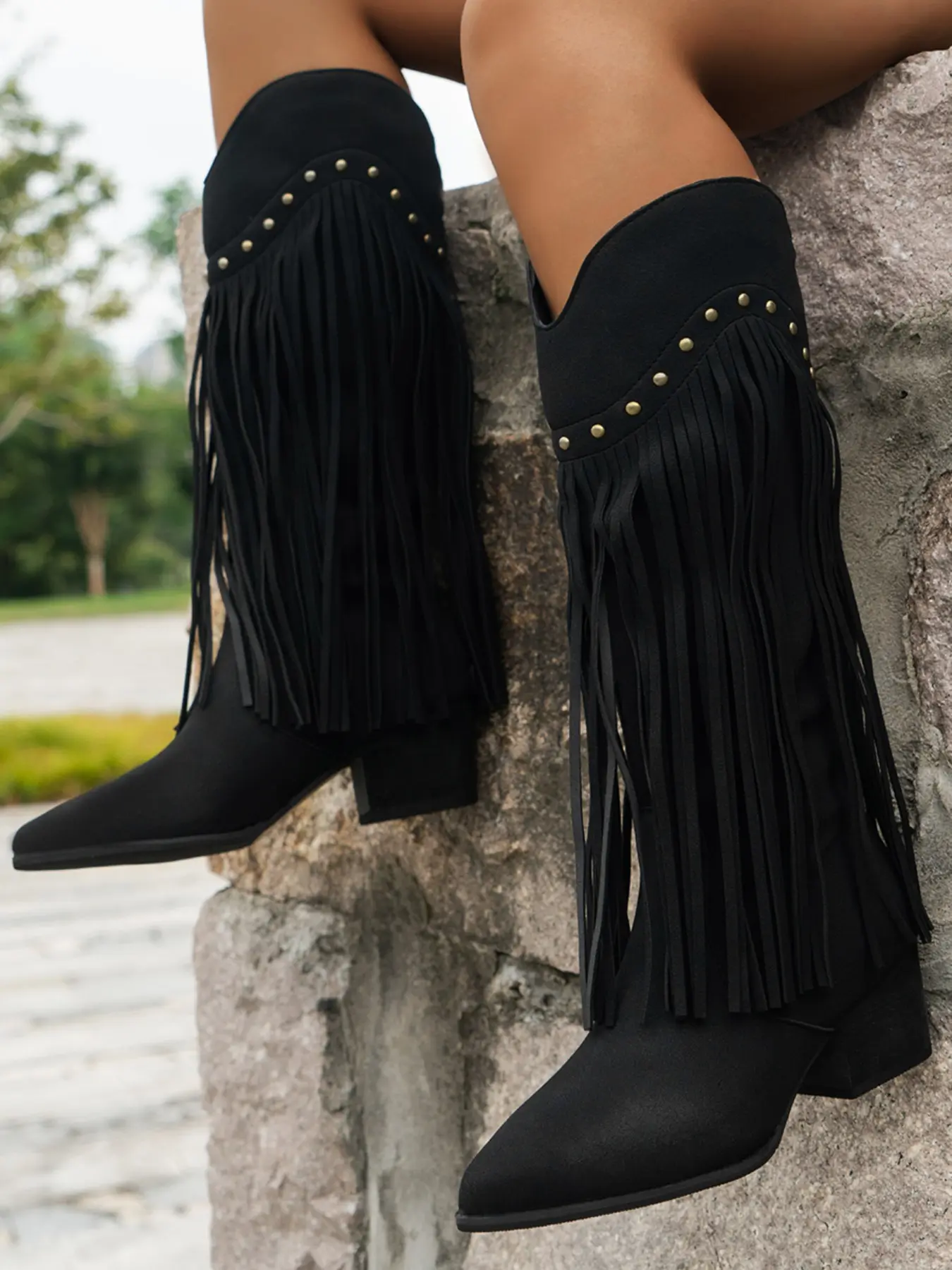 Women's Buckle Fringe Decorative Boots Heels, Sexy Retro Western Long Boots, Large Size Slimming Knight Boots, Back Zipper Pointed Toe Street Style