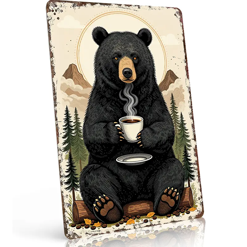 Retro Black Bear Drinking Coffee Aluminum Metal Sign, 8x12 in Mountain Forest Themed Wall Decor - Waterproof, Rust-Free Home Bar & Kitchen Plaque, Funky Room Art, Gift Idea