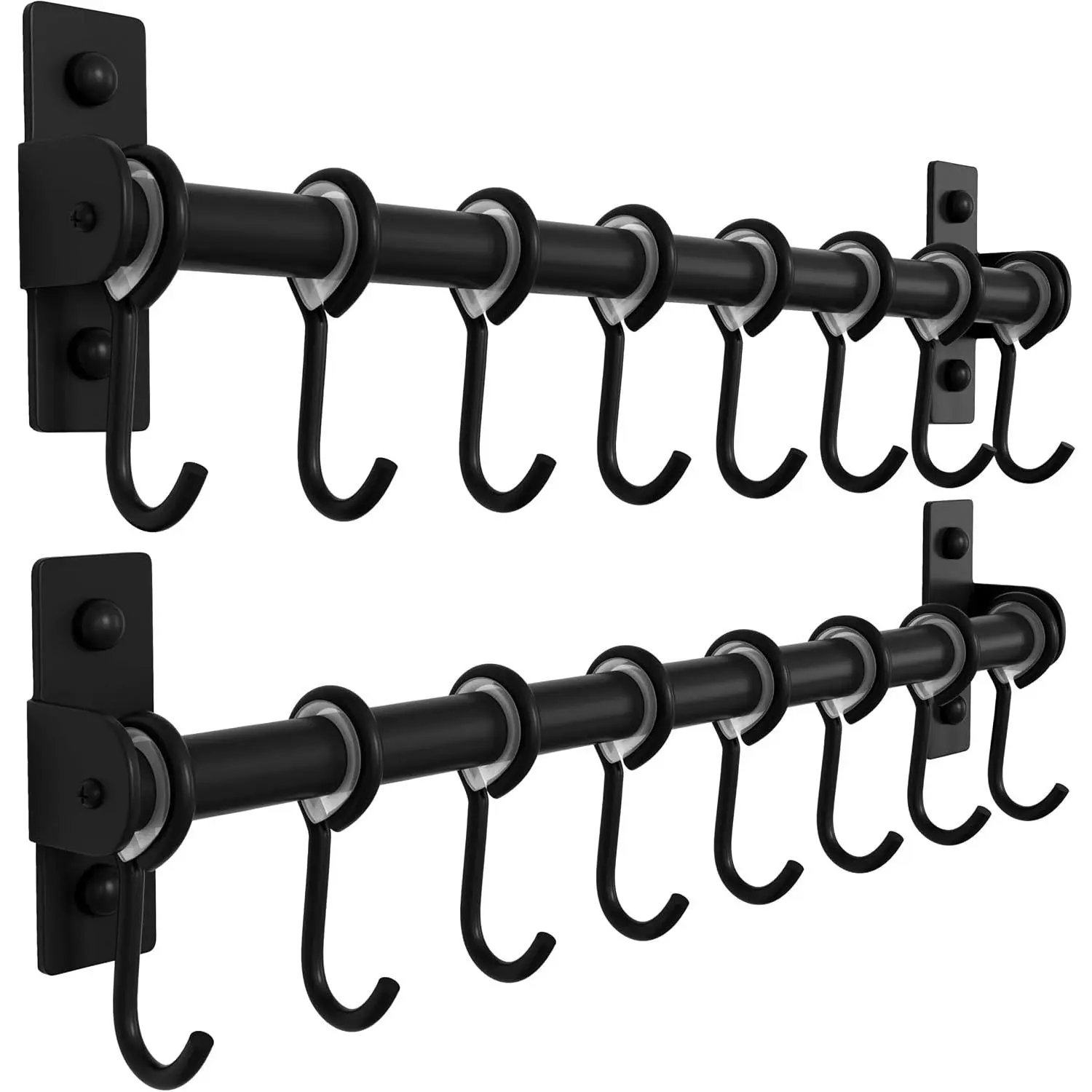 Kitchen Hooks for Hanging Utensils, Hanging Pot Rack, Kitchen Utensil Hanger Rail with 8 Hooks for Pots Pans, Spoons, Mugs, Wall Mounted, Stainless Steel, Black, Pack of 2