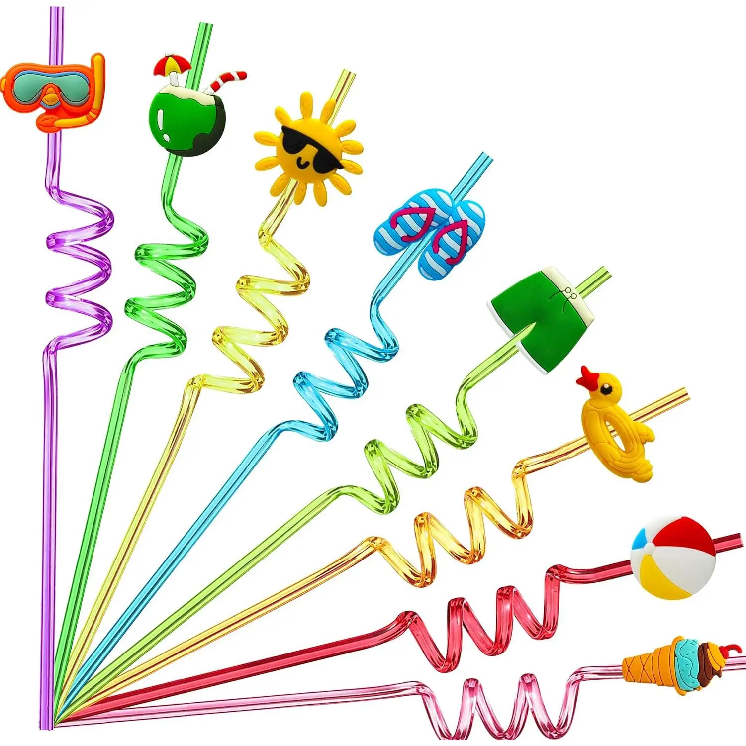 Summer Pool Party Straws for Kids - 24 Crazy Silly Drinking Straws with Cleaning Brushes, Perfect for Beach Theme Party Decorations, Birthday Favors Supplies